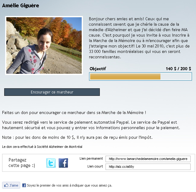 Page de la marcheuse Am&eacute;lie Gigu&egrave;re sur LaMarchedelaMemoire.com
